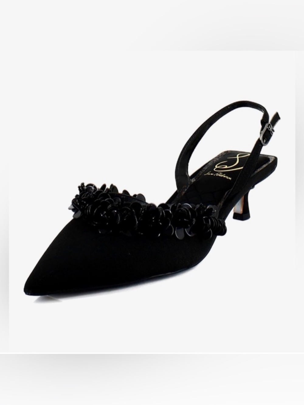 Black Embellished Pointed-Toe Slingback Heels